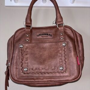 UNIONBAY Brown Satchel with Distressed Leather and Studded Details
